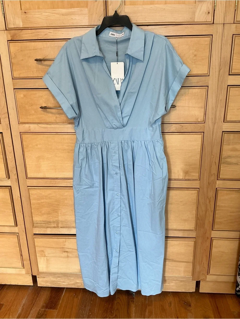 Zara Pale Blue Dress XL 49” long elastic smocked waist NWT New short sleeves - Picture 2 of 6